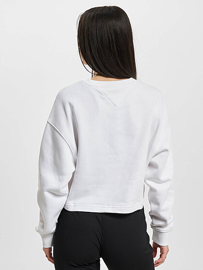Tommy Jeans Damen Cropped Sweater Pullover mit Rundhals und Wellen Print weiss