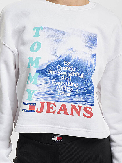 Tommy Jeans Damen Cropped Sweater Pullover mit Rundhals und Wellen Print weiss