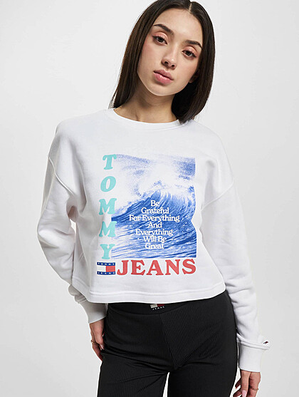 Tommy Jeans Damen Cropped Sweater Pullover mit Rundhals und Wellen Print weiss