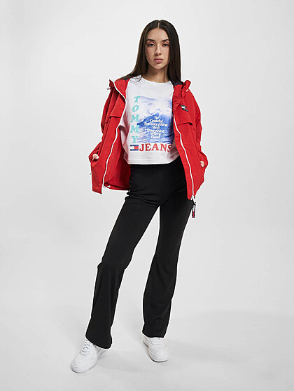 Tommy Jeans Damen Cropped Sweater Pullover mit Rundhals und Wellen Print weiss