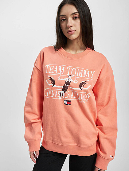 Tommy Jeans Damen Oversized Sweater Pullover mit Rundhals und Gymnastics Print rosa