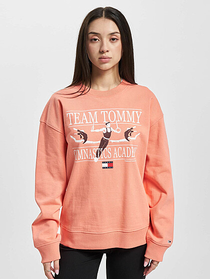 Tommy Jeans Damen Oversized Sweater Pullover mit Rundhals und Gymnastics Print rosa