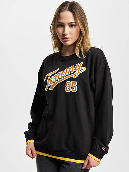 Tommy Jeans Damen Classic Sweater Pullover mit Rundhals und Logo-Stitch schwarz gelb