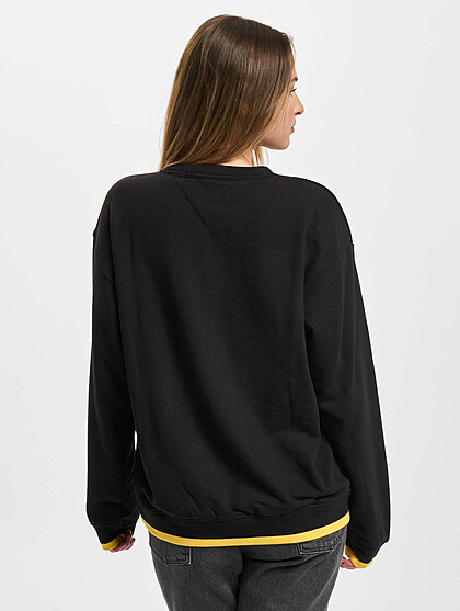 Tommy Jeans Damen Classic Sweater Pullover mit Rundhals und Logo-Stitch schwarz gelb
