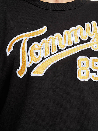 Tommy Jeans Damen Classic Sweater Pullover mit Rundhals und Logo-Stitch schwarz gelb