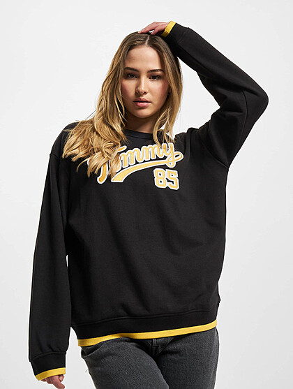 Tommy Jeans Damen Classic Sweater Pullover mit Rundhals und Logo-Stitch schwarz gelb