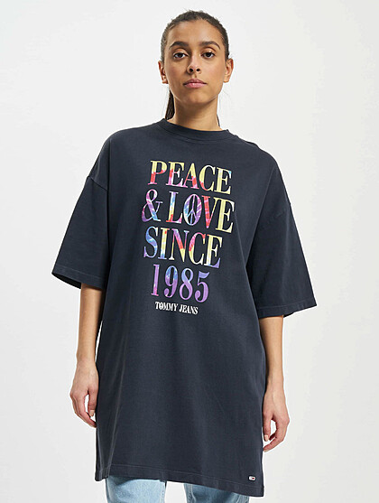 Tommy Jeans Damen Kleid im T-Shirt-Design mit Peace and Love 1985 Print navy blau