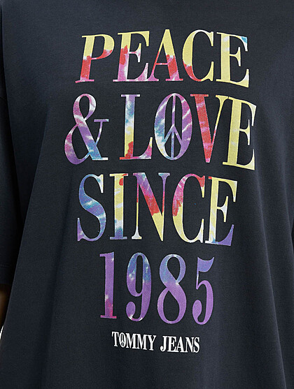 Tommy Jeans Damen Kleid im T-Shirt-Design mit Peace and Love 1985 Print navy blau