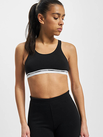 Tommy Jeans Damen Bralette BH mit Unterbrustband und Logo Print schwarz weiss