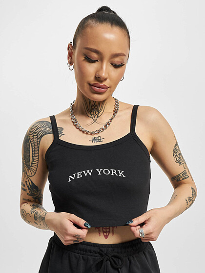 ONLY Damen Cropped Top mit New York Print und Strukturstoff schwarz