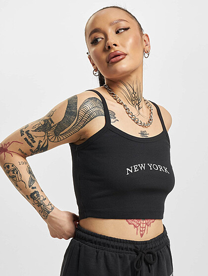 ONLY Damen Cropped Top mit New York Print und Strukturstoff schwarz