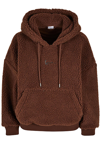 Karl Kani Damen Teddyfell Hoodie mit Kängurutasche und Tunnelzug dunkel braun