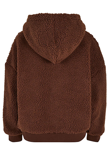 Karl Kani Damen Teddyfell Hoodie mit Kängurutasche und Tunnelzug dunkel braun