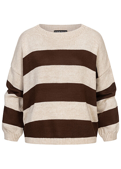 Cloud5ive Damen Strick-Sweater Pullover mit Streifen Muster und Rundhals beige braun