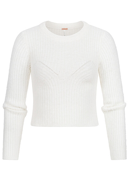 Aiki Damen Cropped Sweater Strick-Pullover mit Rundhals cream weiss