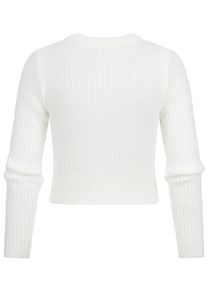 Aiki Damen Cropped Sweater Strick-Pullover mit Rundhals cream weiss