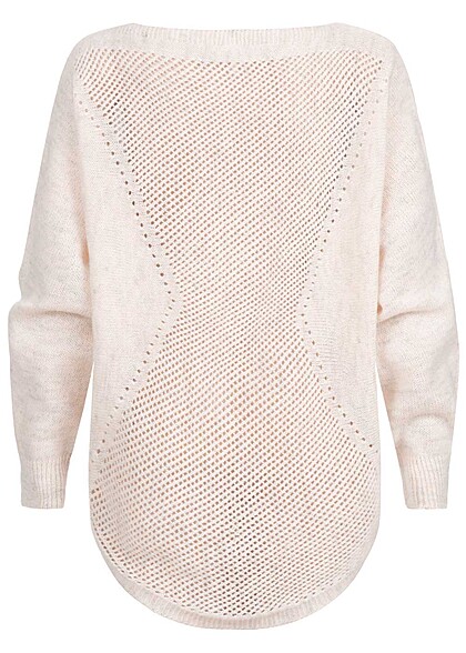 Aiki Damen Oversized Sweater Pullover mit Lochstrickmuster beige grau melange