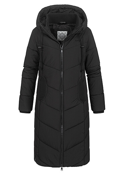 Aiki Damen Steppmantel Jacke mit Zipper und 2-Pockets Kapuze mit Tunnelzug schwarz - Art.-Nr.: 23110014