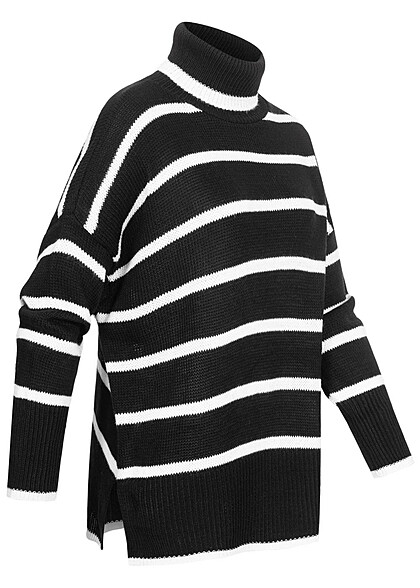 Hailys Damen Rollkragen Sweater Strick-Pullover mit Streifen-Muster schwarz weiss