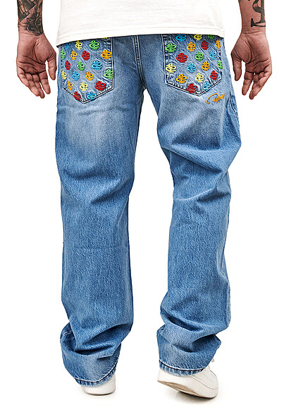 Redrum Herren Jeans Hose mit geradem Beinschnitt und Multicolor-Stitching blau