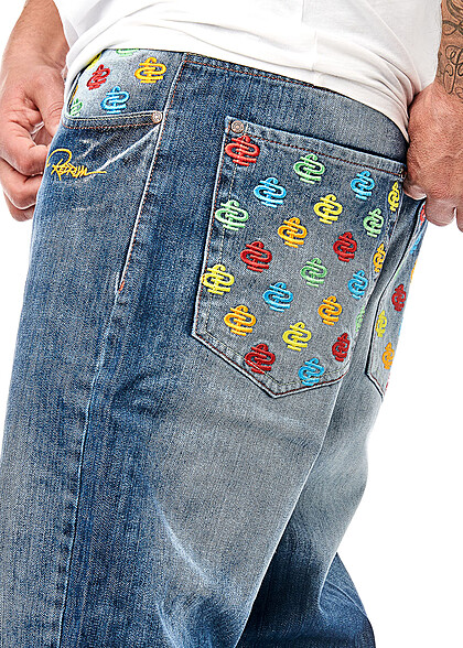Redrum Herren Jeans Hose mit geradem Beinschnitt und Multicolor-Stitching blau
