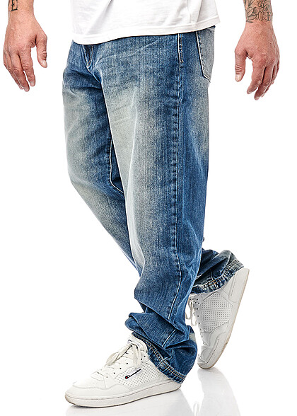 Redrum Herren Jeans Hose mit starkem Washed-Look und Brand-Stitching denim blau