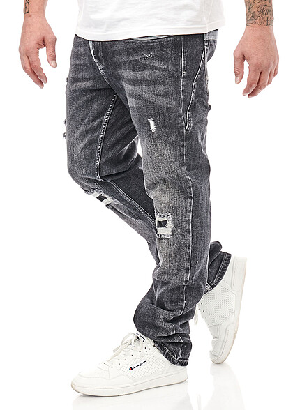 Rusty Neal Herren Jeans Hose Washed und Destroyed Look mit 5-Pockets used schwarz