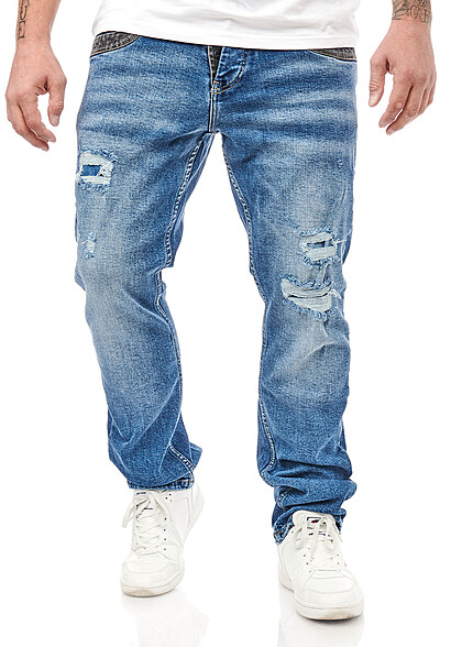 Rusty Neal Herren Jeans Hose Washed und Destroyed Look mit 5-Pockets denim blau