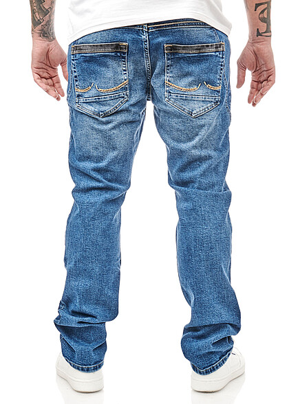 Rusty Neal Herren Jeans Hose Washed und Destroyed Look mit 5-Pockets denim blau