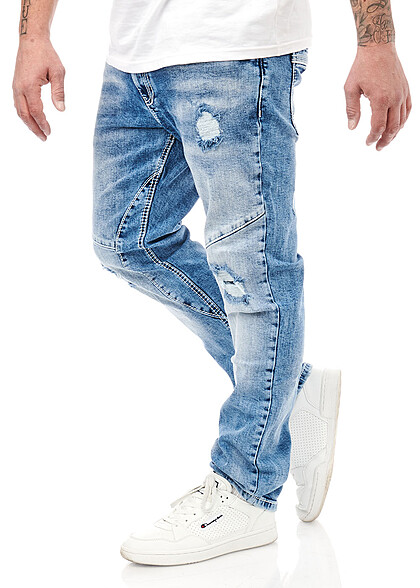 Rusty Neal Herren Jeans Hose Washed und Destroyed Look mit 5-Pockets hell blau