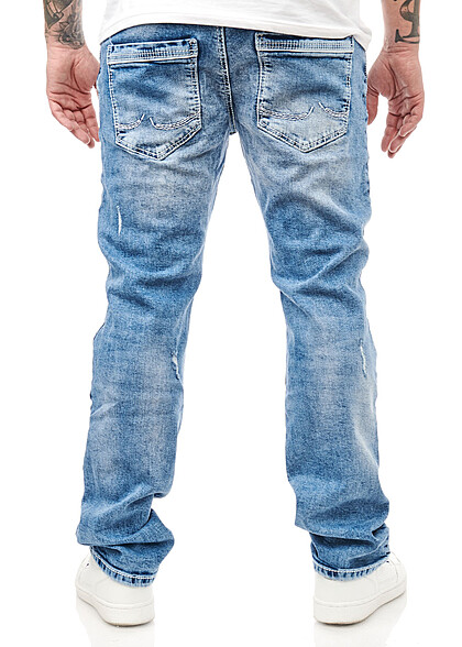 Rusty Neal Herren Jeans Hose Washed und Destroyed Look mit 5-Pockets hell blau