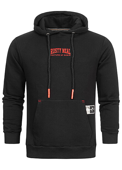 Rusty Neal Herren Basic Hoodie mit Kngurutasche und Logo Stitching schwarz