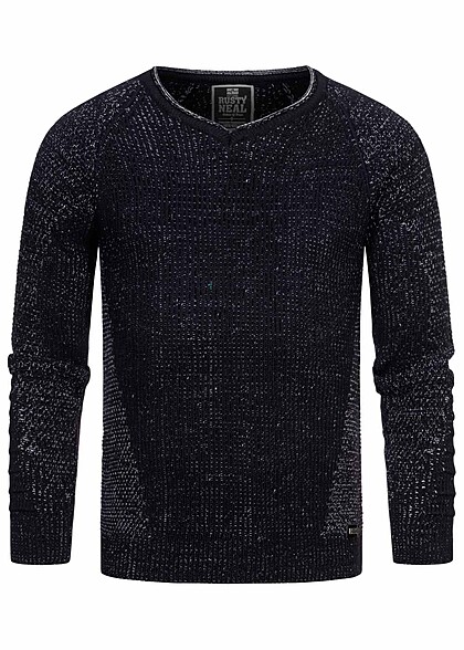 Rusty Neal Herren Grobstrick Pullover Sweater mit V-Neck marine blau