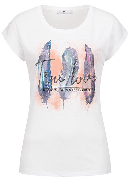 Hailys Dames T-Shirt met verenprint en True Love belettering wit