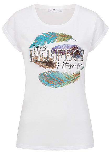 Hailys Dames T-Shirt met verenprint en Perfect belettering wit