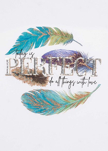 Hailys Dames T-Shirt met verenprint en Perfect belettering wit