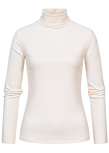 Sublevel Damen Rollkragen Sweater Strickpullover mit Strukturstoff cream weiss