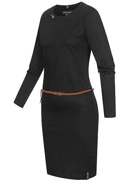Eight2Nine Damen Langarm Kleid mit Grtel und Knopf Details schwarz