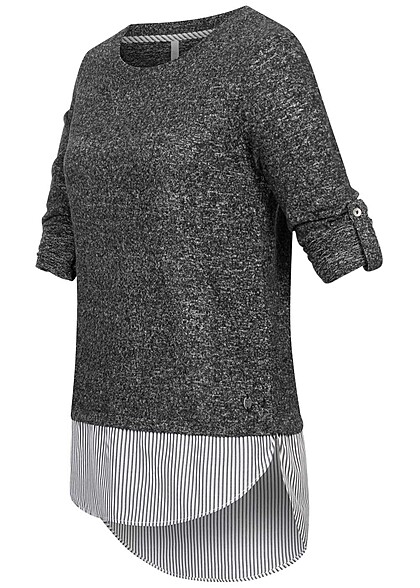 Hailys Dames 2in1 Sweater met omslagmouwen en strepen donkergrijs