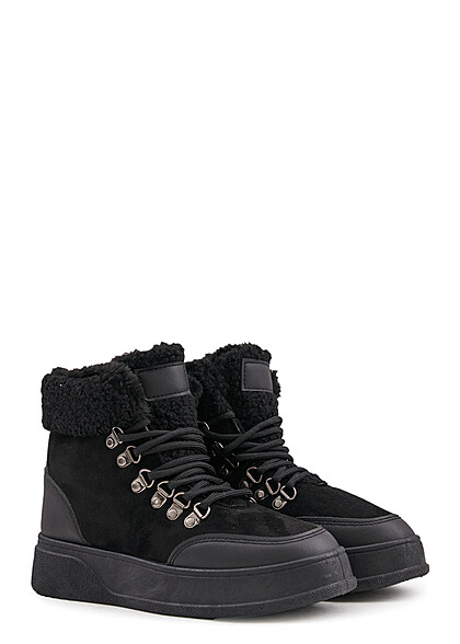 Seventyseven Lifestyle Dames Plateau sneaker met teddybont voering zwart