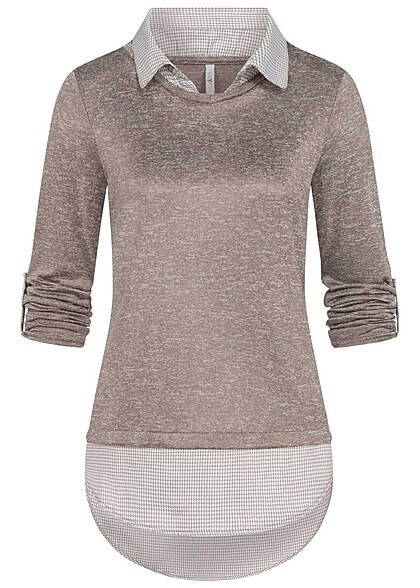 Hailys Damen 2in1 Sweater Turn-Up Pullover und Hemd taupe braun melange - Art.-Nr.: 24010086