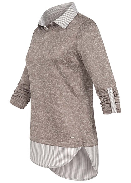 Hailys Damen 2in1 Sweater Turn-Up Pullover und Hemd taupe braun melange