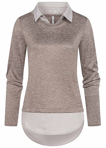 Hailys Damen 2in1 Sweater Turn-Up Pullover und Hemd taupe braun melange