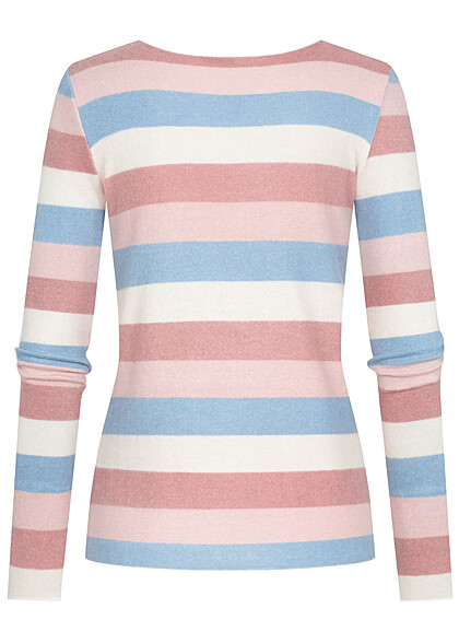 Hailys Damen Strickpullover Viskose Sweater mit V-Neck und Streifenmuster rosa blau