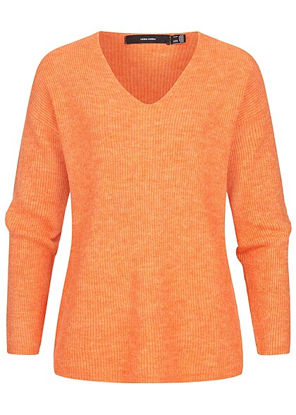 Vero Moda Damen NOOS Sweater Strickpullover mit V-Neck tangerine orange melange