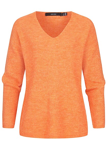 Vero Moda Damen NOOS Sweater Strickpullover mit V-Neck tangerine orange melange