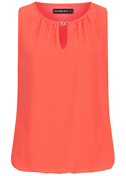 Cloud5ive Dames Chiffon Top met sleutelgatkraag en decoratieve gesp koraalroze