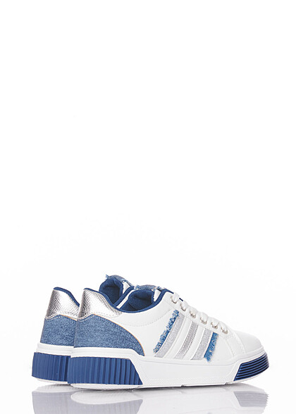 Seventyseven Lifestyle Dames Sneaker van kunstleer met strepen en glitter wit blauw