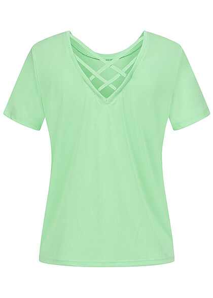 ONLY Dames T-Shirt met ronde hals en v-hals aan de achterzijde groen