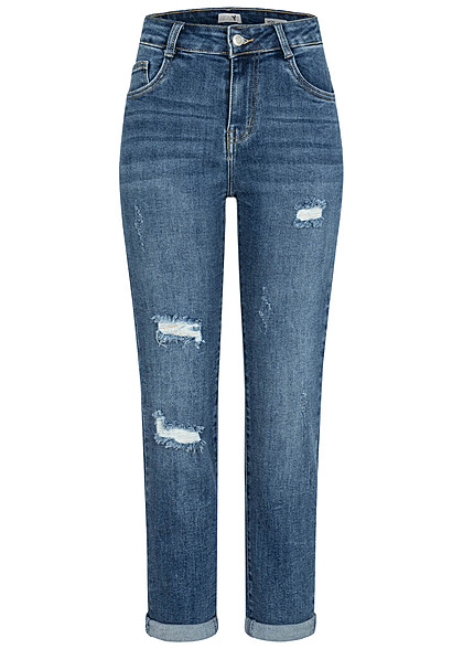 Hailys Dames Mom Fit Jeans met hoge taille en vernietigde look middenblauw